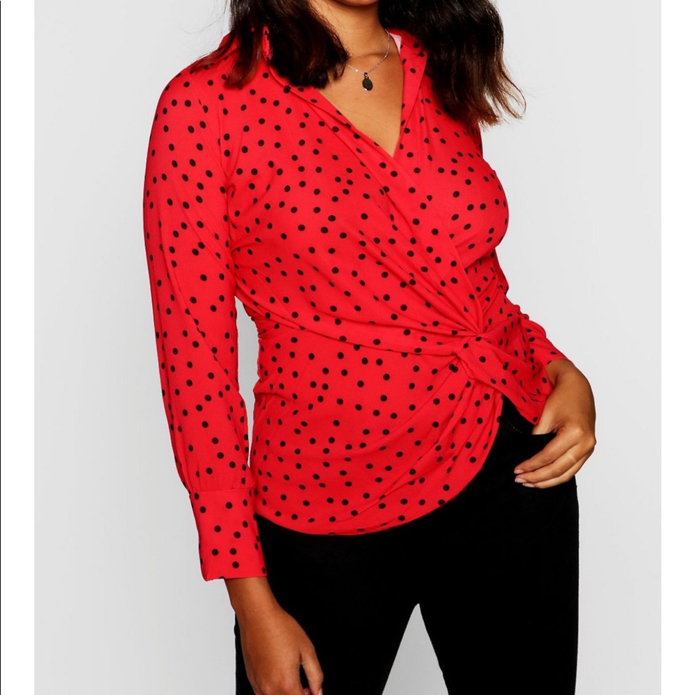 Red polka dot wrap top